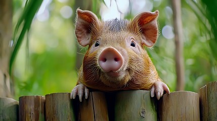 Pig looks over fence; jungle plants background. Use farm animal advertising, animal welfare promotion