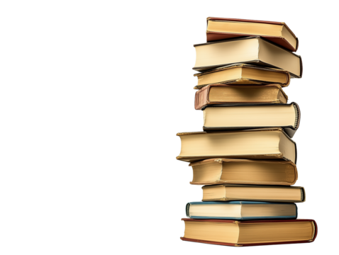 Stack of neatly arranged books on a transparent background showcasing various sizes and colors in a cozy reading nook