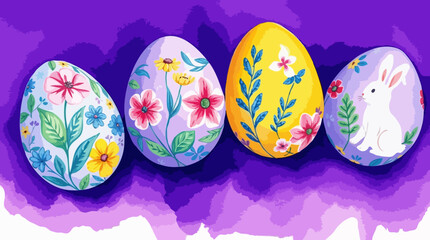 Fototapeta premium Easter Eggs, Vibrant Floral Designs on Purple Background