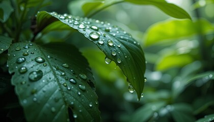 Raindrops on lush green leaves forest nature photography close-up tranquil environment freshness concept