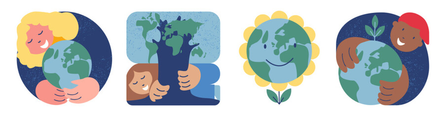 Earth Day! People caring about planet, tree-shaped Earth. People trying to Save Planet Earth. Human Planting Trees.  Hand drawn vector illustration