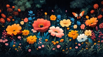 A vibrant garden with colorful flowers and butterflies surrounded by lush greenery. Generative AI