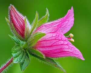 Pink flower in detail with closed bud, growing in green field, used for beauty design