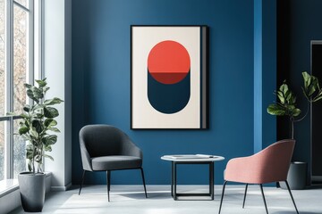 Modern minimalist coworking office with poster on wall. AI generated illustration.