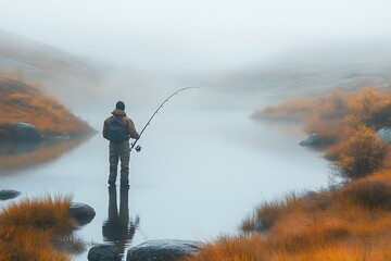 Angler Fishing Serene Mountain Lake in Fog