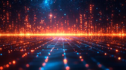 Abstract glowing digital landscape with futuristic neon light patterns. Generative AI