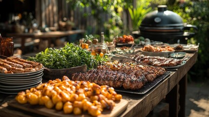 Obraz premium Vibrant Backyard BBQ Setup with Grilled Foods and Fresh Ingredients in a Beautiful Garden. Generative AI