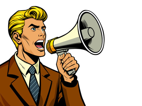 businessman shouting through megaphone