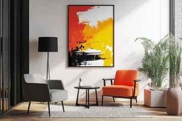 Modern minimalist coworking office with poster on wall. AI generated illustration.