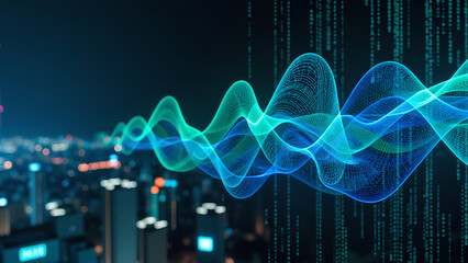 Eine abstrakte Darstellung eines futuristischen Datenstroms, in dem leuchtende blaue und grüne Codezeilen wie Flüssigkeit durch eine dunkle High-Tech-Umgebung fließen.KI Generated