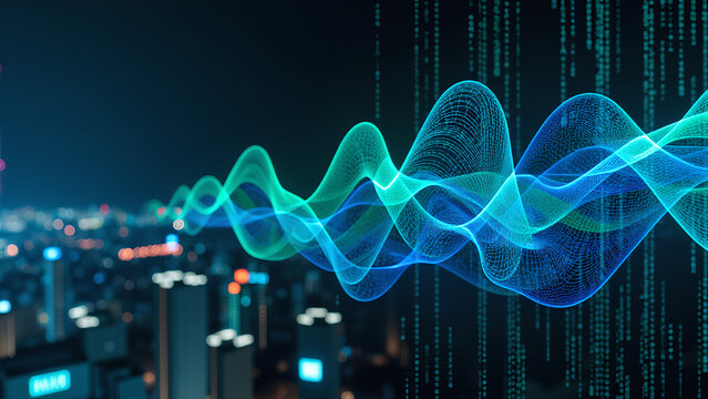 Eine abstrakte Darstellung eines futuristischen Datenstroms, in dem leuchtende blaue und gr&uuml;ne Codezeilen wie Fl&uuml;ssigkeit durch eine dunkle High-Tech-Umgebung flie&szlig;en.KI Generated