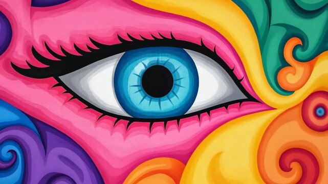 Abstract artwork featuring a vibrant blue eye surrounded by colorful swirling patterns in pink, yellow, green, purple, and orange. Digital painting with bold and vivid colors.