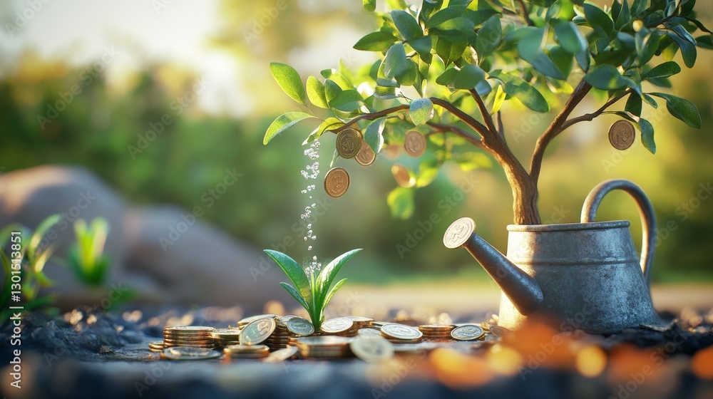 Poster a green tree with coins sprouting from its branches is being watered by a watering can.