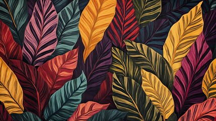Vibrant Tropical Leaves Seamless Pattern Rich Autumn Colors Detailed Botanical Illustration Dark Background Exotic Foliage Elegant Design Nature      