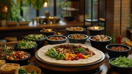 Traditional Ethiopian injera served on a round platter with colorful stews and vegetables in a beautifully decorated setting