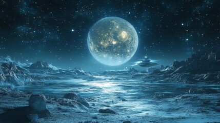 A tranquil lunar scene with stars and a spaceship orbiting the Moon in the background. Generative AI