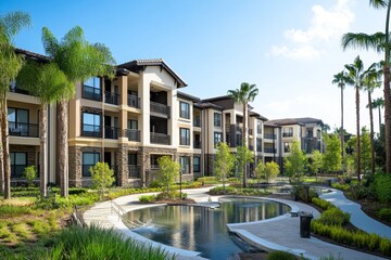 Luxurious Apartment Homes with Resort- Pool - Modern apartment buildings, lush landscaping, inviting pool, tranquil atmosphere, upscale living