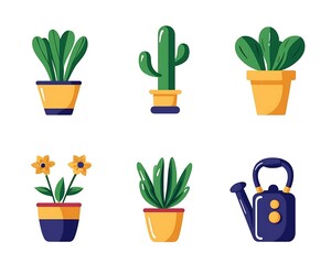 Potted plants illustration on white, growing, gardening tools, home decor design
