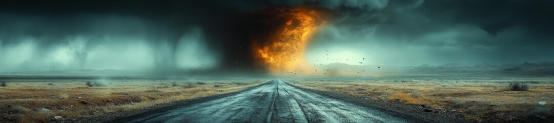 Fototapeta premium Tornado and Storm Over a Desolate Road in an Empty Landscape. Generative AI