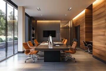 Modern office interior with sleek and functional design. AI generated illustration.