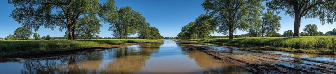 Flooded rural road lined with trees under a clear sky during the summer season. Generative AI