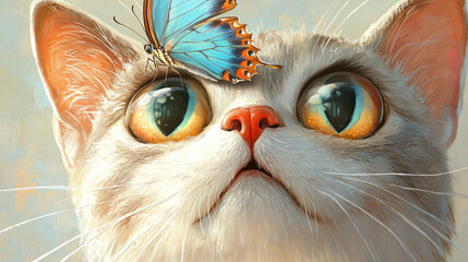 Close-up. Curious kitten looking at butterfly.