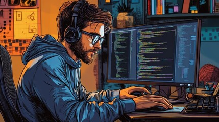 A software developer at work, illustrated in a comic book pop art style. 