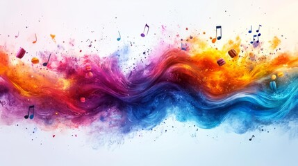 Explosion of Colorful Paint Music Notes and Sweet Treats in Motion. Generative AI