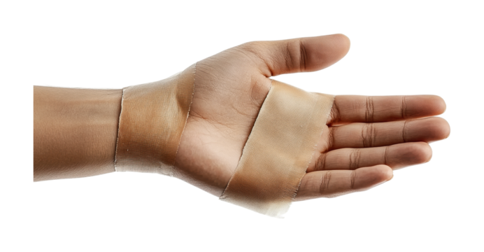 Hand with bandage wrapped around wrist showing care for injury and healing process, cut out