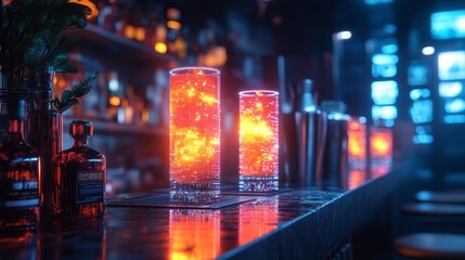 Obraz premium Futuristic Cocktail Bar with Glowing Drinks and Neon Atmosphere. Generative AI
