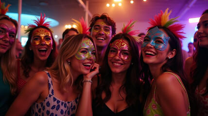 A group of friends laugh while wearing elaborate masks at a costume party