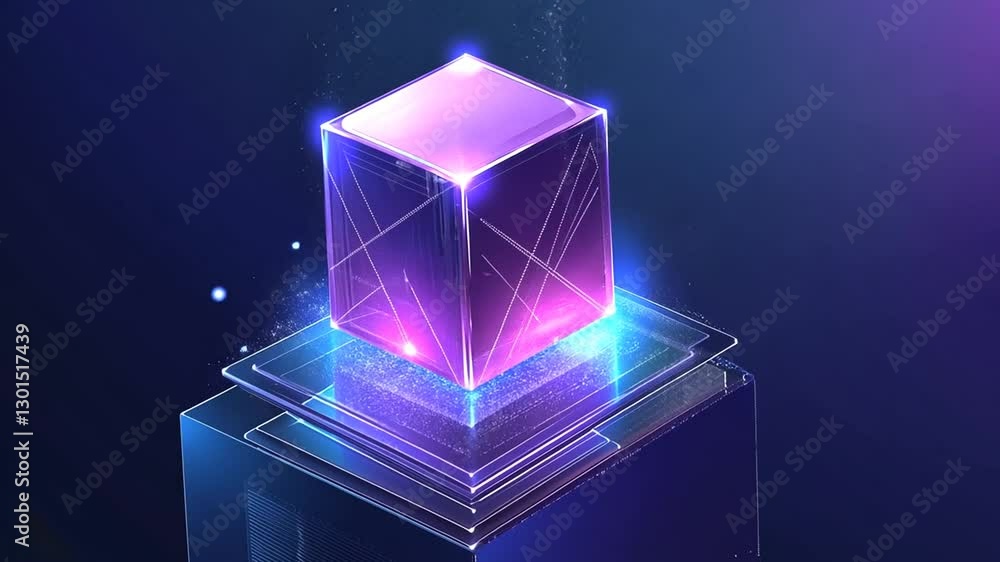 Aufkleber abstract futuristic technology cube floating on layered platforms with neon glows