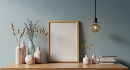 A modern desk setup against a muted blue accent wall with a blank wooden framed picture leaning against it