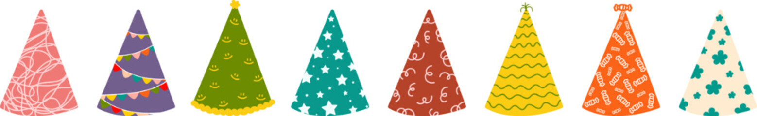 Cones for birthday, party, carnival. Bright colorful triangular caps with pompom, smileys, candies and star patterns. Holiday cute decor.