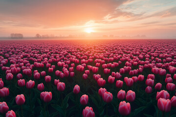 Fototapeta premium Golden light bathes a tulip field at sunrise with mist drifting gently