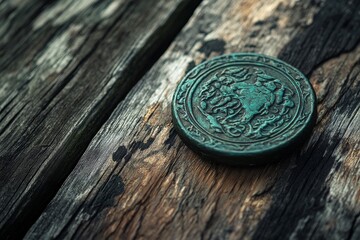 Antique Teal Medallion on Weathered Wood - Close-up of an ornate teal medallion resting on aged, rustic wooden planks. The detail is intricate
