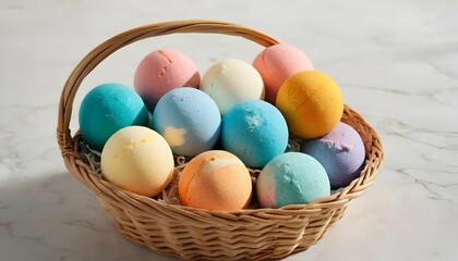 A wicker basket full of colorful bath bombs on display