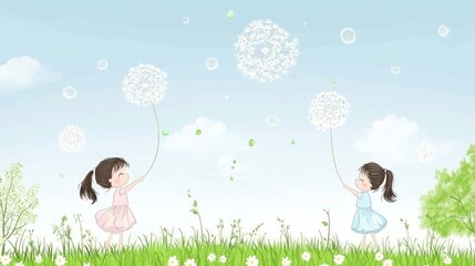Two girls with dandelion puffs, meadow scene, children's illustration