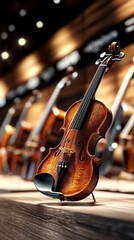 Fototapeta premium A beautifully crafted violin on display, showcasing exquisite detail and artistry in a serene environment.