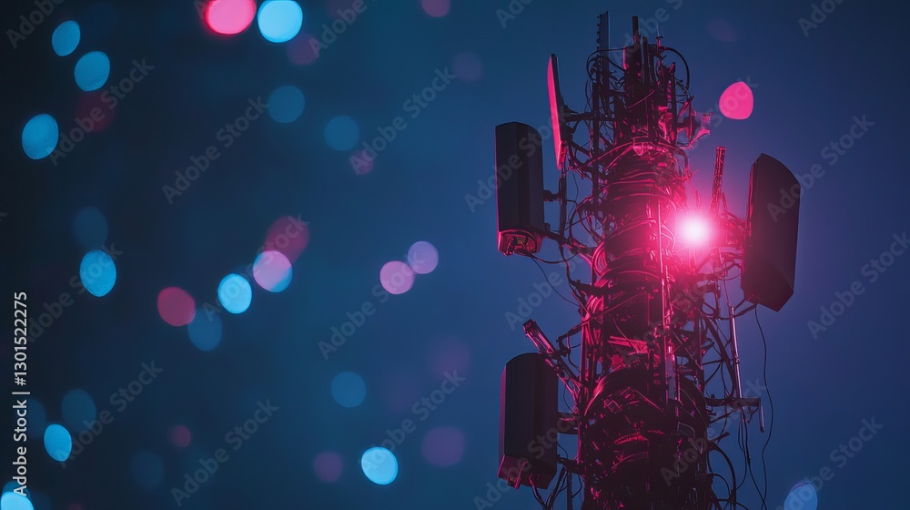 Poster 5g cellular network communication tower or antenna transmitting wireless signals to mobile devices h