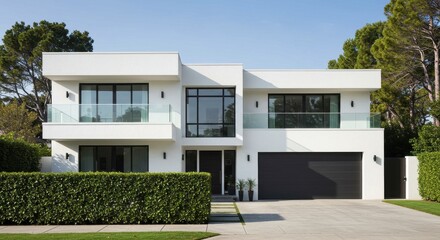 A minimalist white mansion with floor to ceiling glass balconies clean geometric design and a spacious driveway
