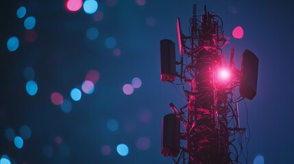5G cellular network communication tower or antenna transmitting wireless signals to mobile devices Highspeed internet with fifthgeneration telecommunication technology in a tech