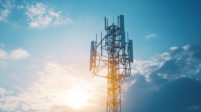 5G mobile internet communication tower transmitting wireless broadband signals 5G antenna network for mobile signal broadcasting and telecommunication technology