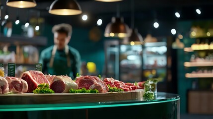 A butcher shop display featuring fresh meats beautifully arranged on a circular counter with green garnishes.