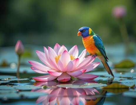 Colorful parrot on a lotus flower