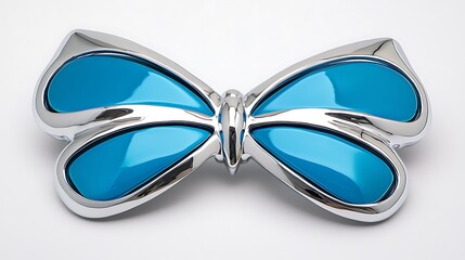 Fototapeta premium Shiny turquoise butterfly ornament on white, studio backdrop, decorative design, used for accessories