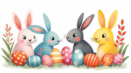 Four colorful Easter bunnies, pink, blue, gray, and yellow, gather around decorated eggs on a white background, celebrating the joy of Easter