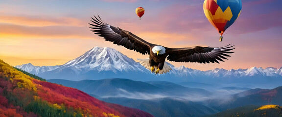 Majestic bald eagle soars above mountains near colorful hot air balloons