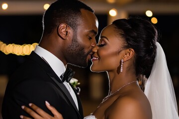 This enchanting image captures a couple sharing a tender kiss, illuminated by ambient light, showcasing the deep emotional bond and joy of their wedding day.