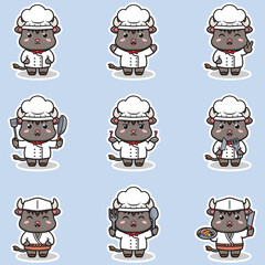 Vector Illustrations of cute Buffalo chef mascot cartoon character. Illustration Collection of Buffalo icon isolated. This is Vector Illustration.